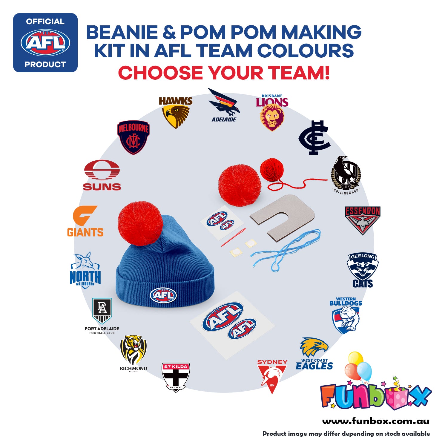 Beanie & Pom Pom Kit in AFL Colours - Choose Your Team! (10-PACK)
