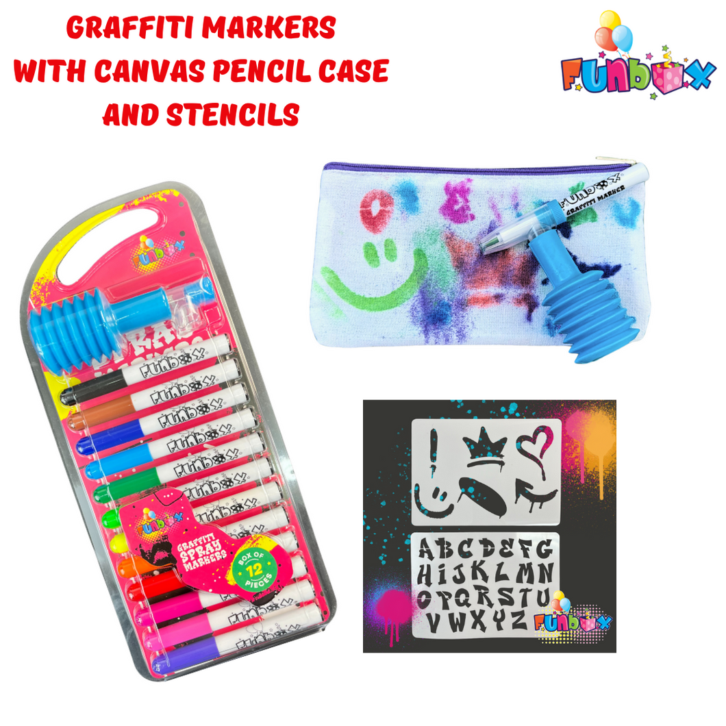 Graffiti Spray Markers with Canvas Pencil Case and Stencils